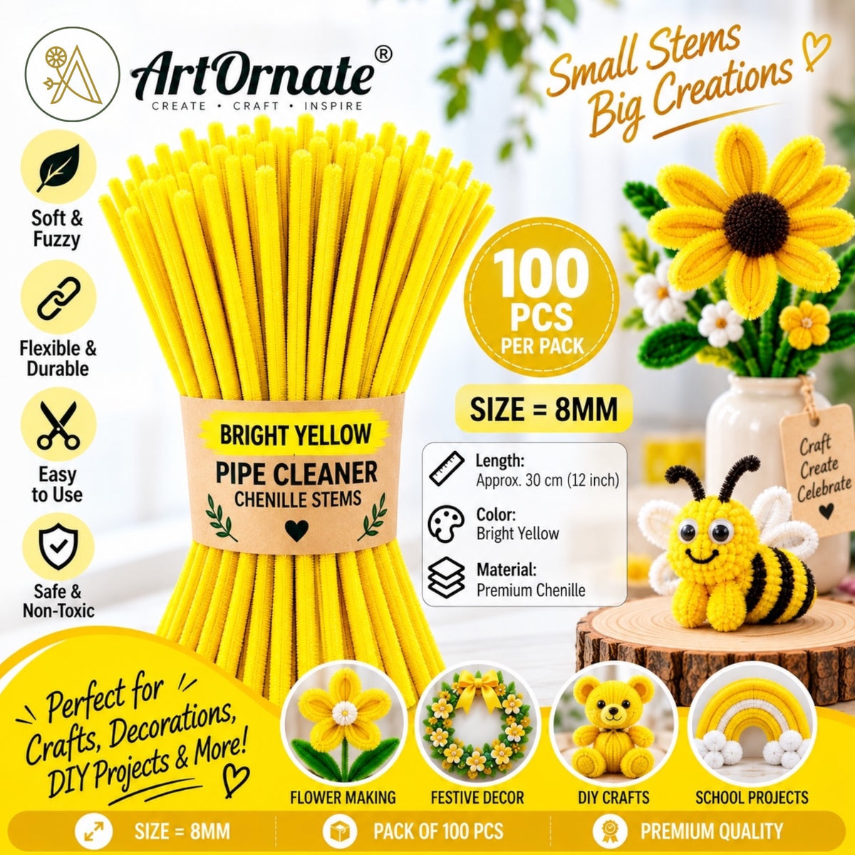 Bright Yellow 8mm pipe cleaners and chenille stems, 100 pcs for DIY crafts and handmade flowers in India