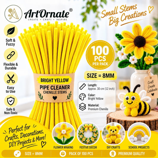 Bright Yellow 8mm pipe cleaners and chenille stems, 100 pcs for DIY crafts and handmade flowers in India