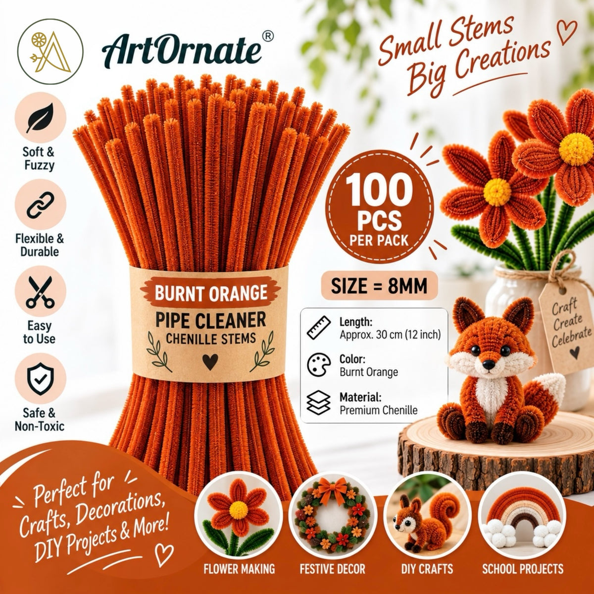 Burnt Orange 8mm pipe cleaners and chenille stems, 100 pcs for festive crafts and flower making in Gujarat