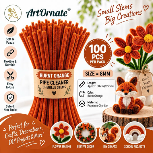 Burnt Orange 8mm pipe cleaners and chenille stems, 100 pcs for festive crafts and flower making in Gujarat