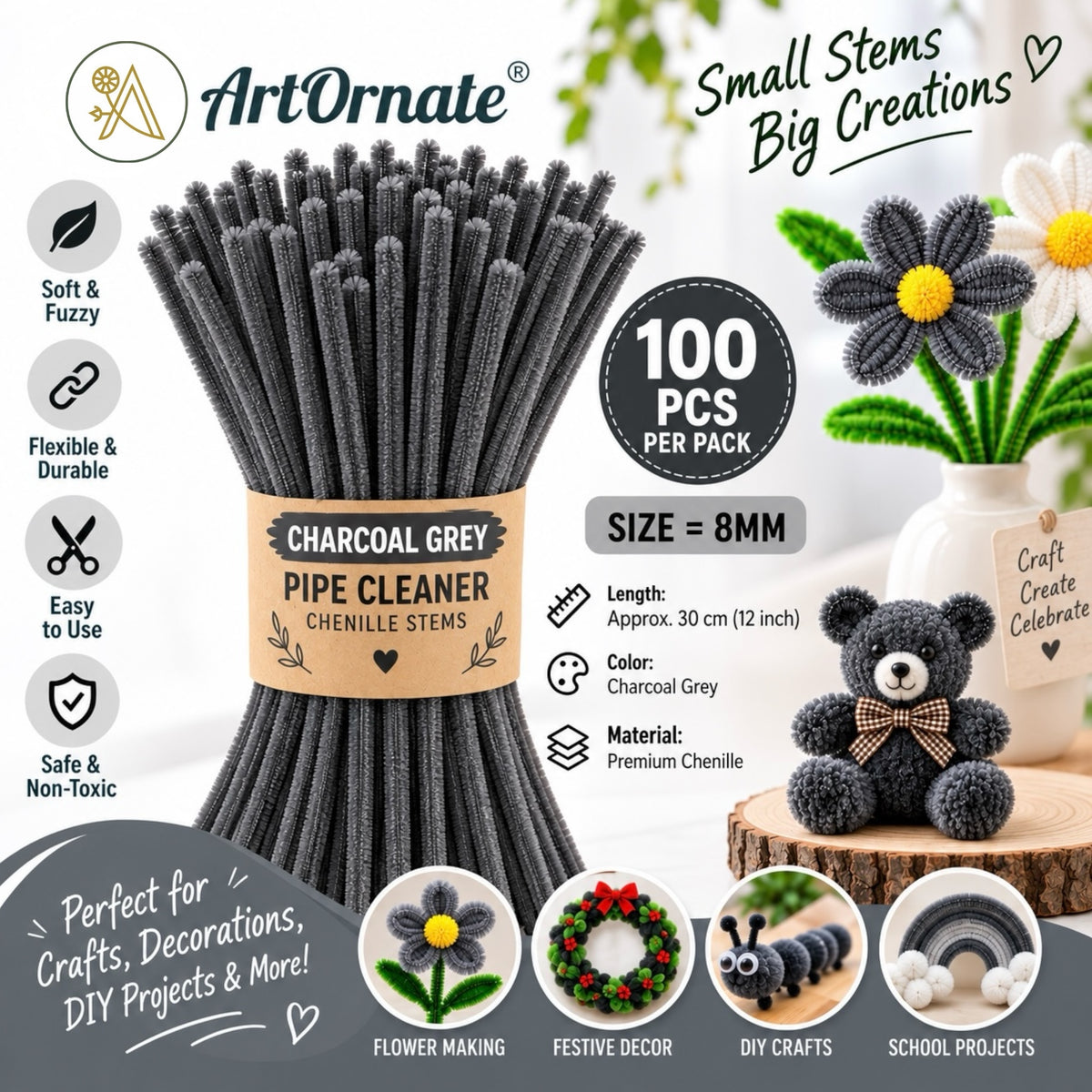 Charcoal Grey 8mm pipe cleaners and chenille stems, 100 pcs for modern DIY crafts and decorations in India