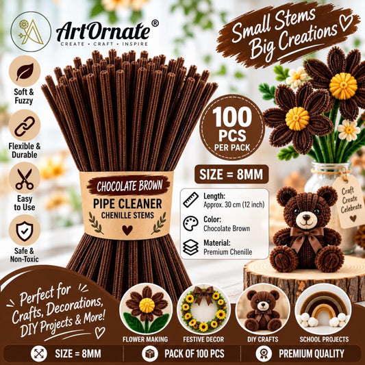 Chocolate Brown 8mm pipe cleaners and chenille stems, 100 pcs for handmade flowers and craft projects in India
