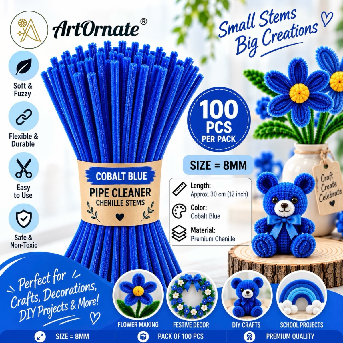 Cobalt Blue 8mm pipe cleaners and chenille stems, 100 pcs for colourful DIY crafts and flower making in India