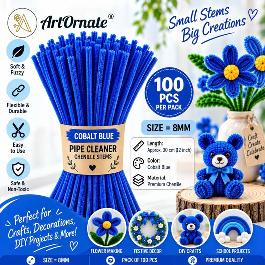 Cobalt Blue 8mm pipe cleaners and chenille stems, 100 pcs for colourful DIY crafts and flower making in India
