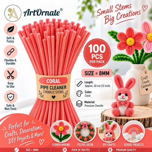Coral 8mm pipe cleaners and chenille stems, 100 pcs for flower making, school projects and DIY crafts in India
