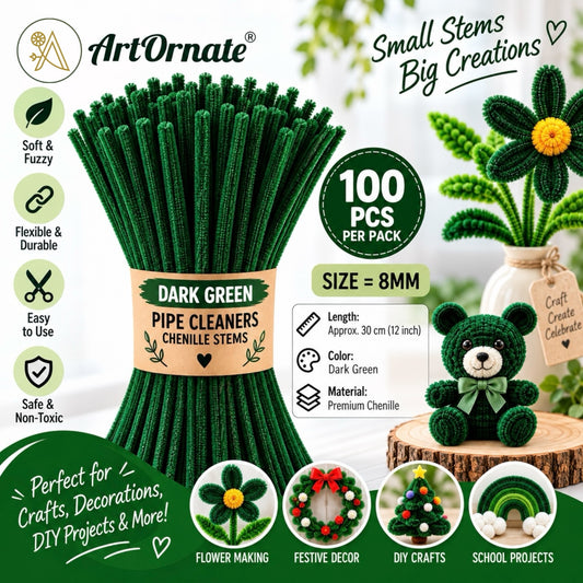 Dark Green 8mm pipe cleaners and chenille stems, 100 pcs for leaves, flowers and DIY craft projects in India