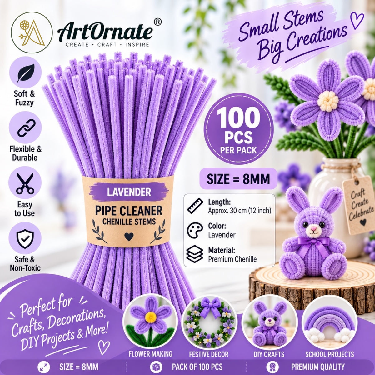 Lavender 8mm pipe cleaners and chenille stems, 100 pcs for pastel flowers and DIY crafts in India
