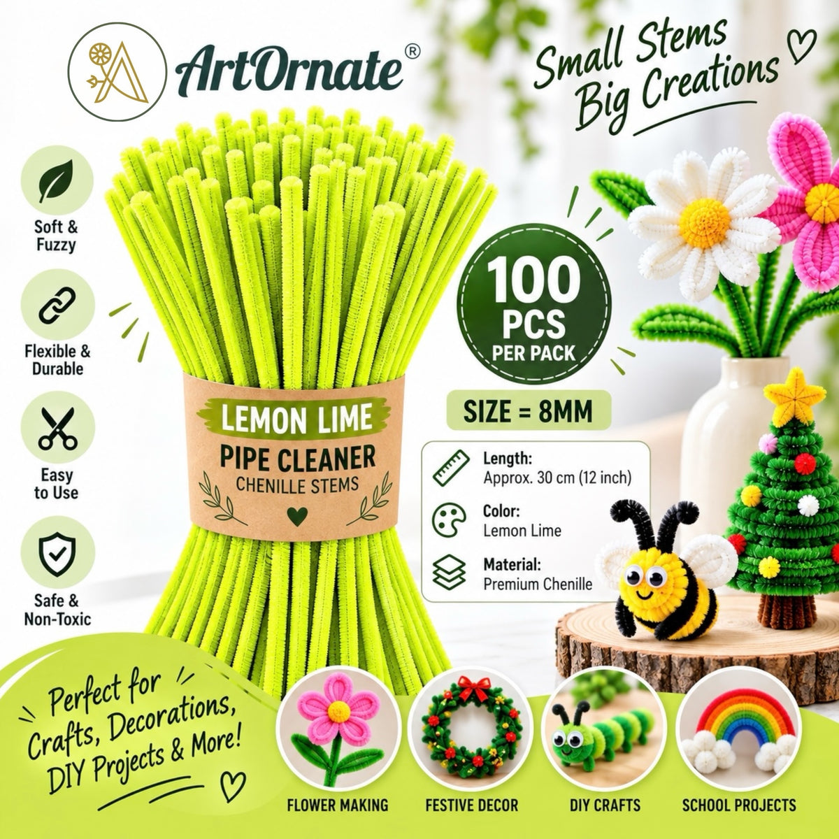 Lemon Lime 8mm pipe cleaners and chenille stems, 100 pcs for fresh floral crafts and DIY projects in India