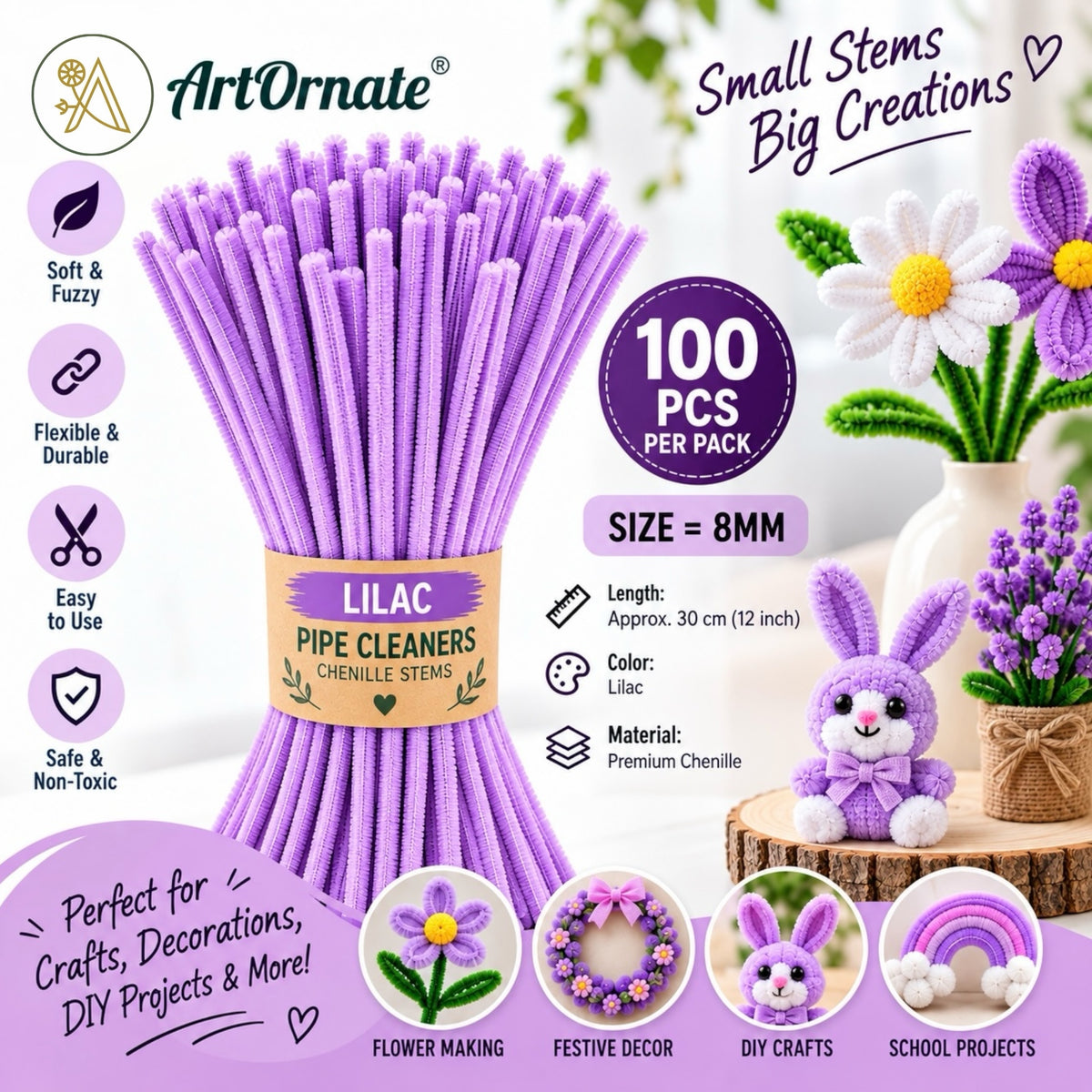 Lilac 8mm pipe cleaners and chenille stems, 100 pcs for pastel craft projects and flower making in India