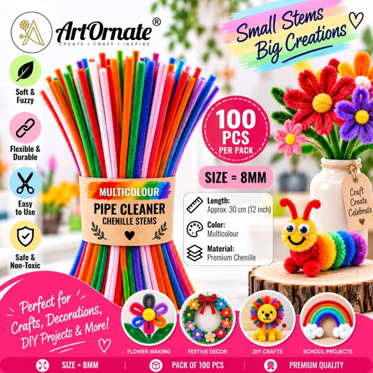 Multi Colour 8mm pipe cleaners and chenille stems, 100 pcs for colourful DIY crafts and decorations in India