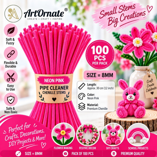 Neon Pink 8mm pipe cleaners and chenille stems, 100 pcs for bright DIY crafts and handmade decorations in India