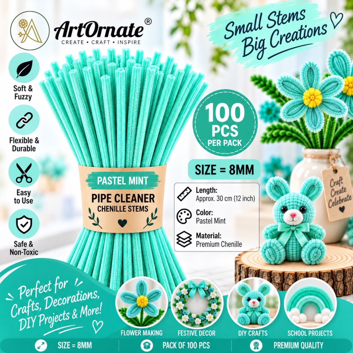Pastel Mint 8mm pipe cleaners and chenille stems, 100 pcs for pastel flowers and creative crafts in India