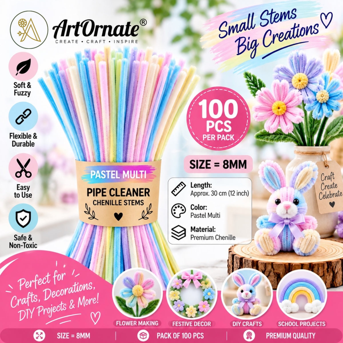 Pastel Multi 8mm pipe cleaners and chenille stems, 100 pcs for pastel DIY crafts and flower making in India