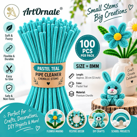 Pastel Teal 8mm pipe cleaners and chenille stems, 100 pcs for soft-colour crafts and handmade flowers in India