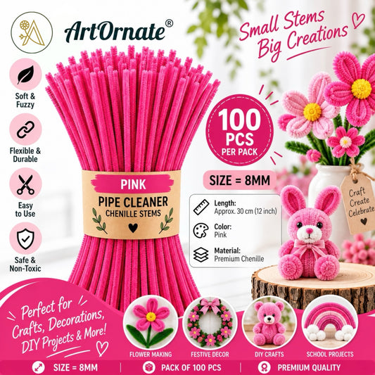 Pink 8mm pipe cleaners and chenille stems, 100 pcs for flower making, school crafts and DIY projects in India