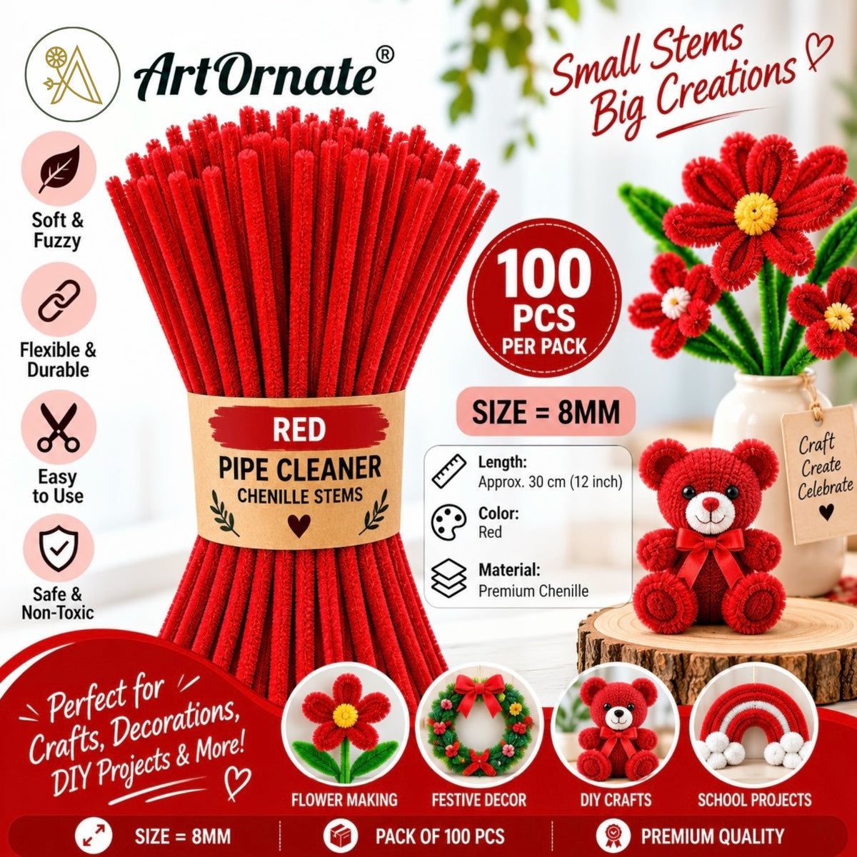 Red 8mm pipe cleaners and chenille stems, 100 pcs for festive decorations and handmade crafts in India
