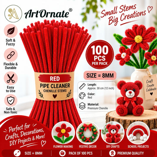 Red 8mm pipe cleaners and chenille stems, 100 pcs for festive decorations and handmade crafts in India
