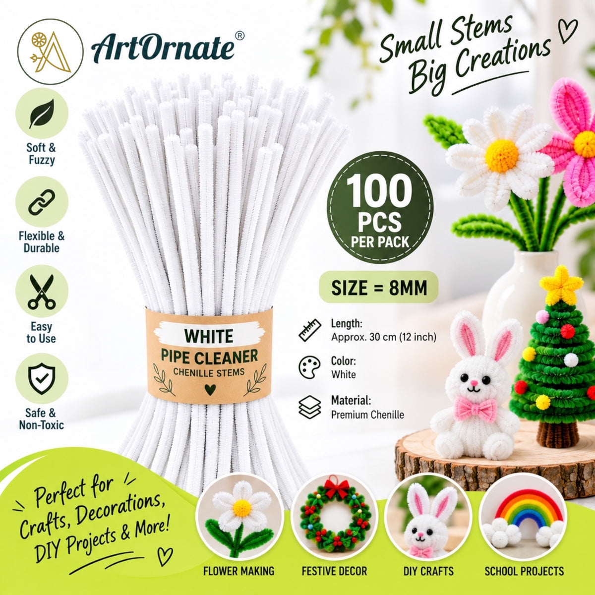 White 8mm pipe cleaners and chenille stems, 100 pcs for elegant flowers, school crafts and DIY decorations in India