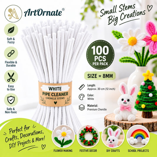 White 8mm pipe cleaners and chenille stems, 100 pcs for elegant flowers, school crafts and DIY decorations in India