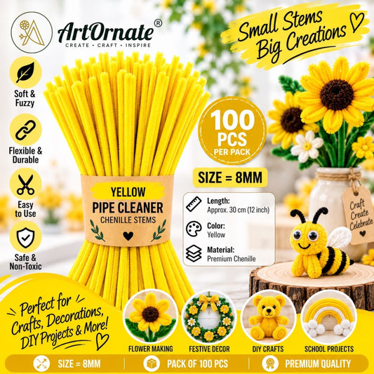 Yellow 8mm pipe cleaners and chenille stems, 100 pcs for flower making and creative DIY crafts in India